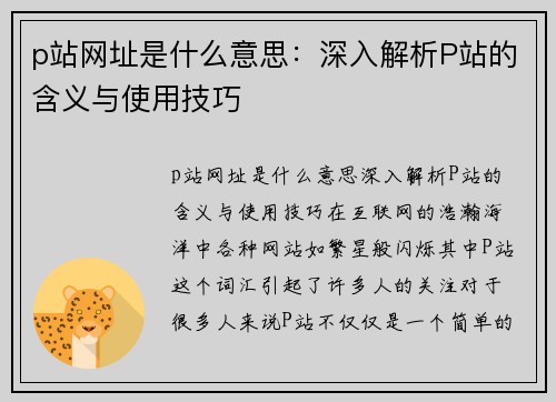 p站网址是什么意思：深入解析P站的含义与使用技巧